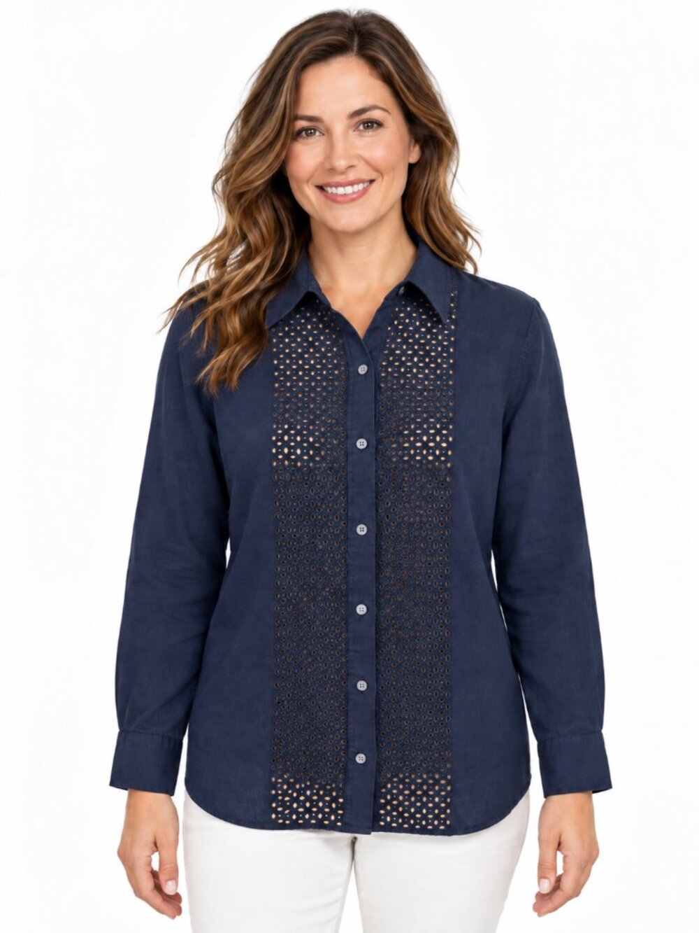 Talbots Navy Blue Linen Eyelet Button-Up Shirt Size Medium